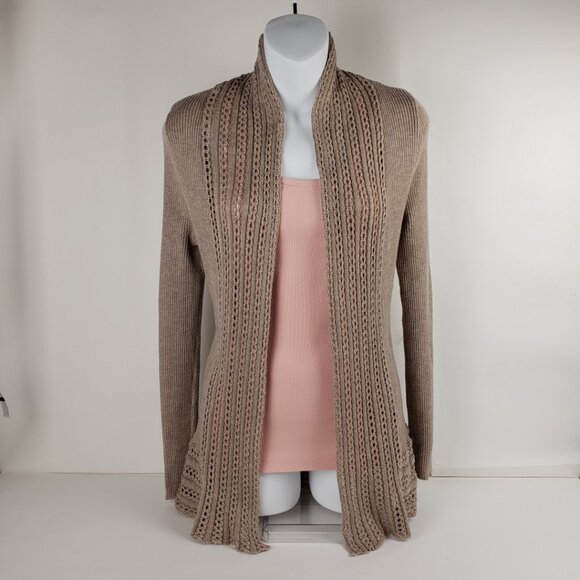 ELEMENTZ Sz PS Cardigan Sweater Tan Taupe Khaki Open Knit Weave Women Petite - Picture 2 of 16